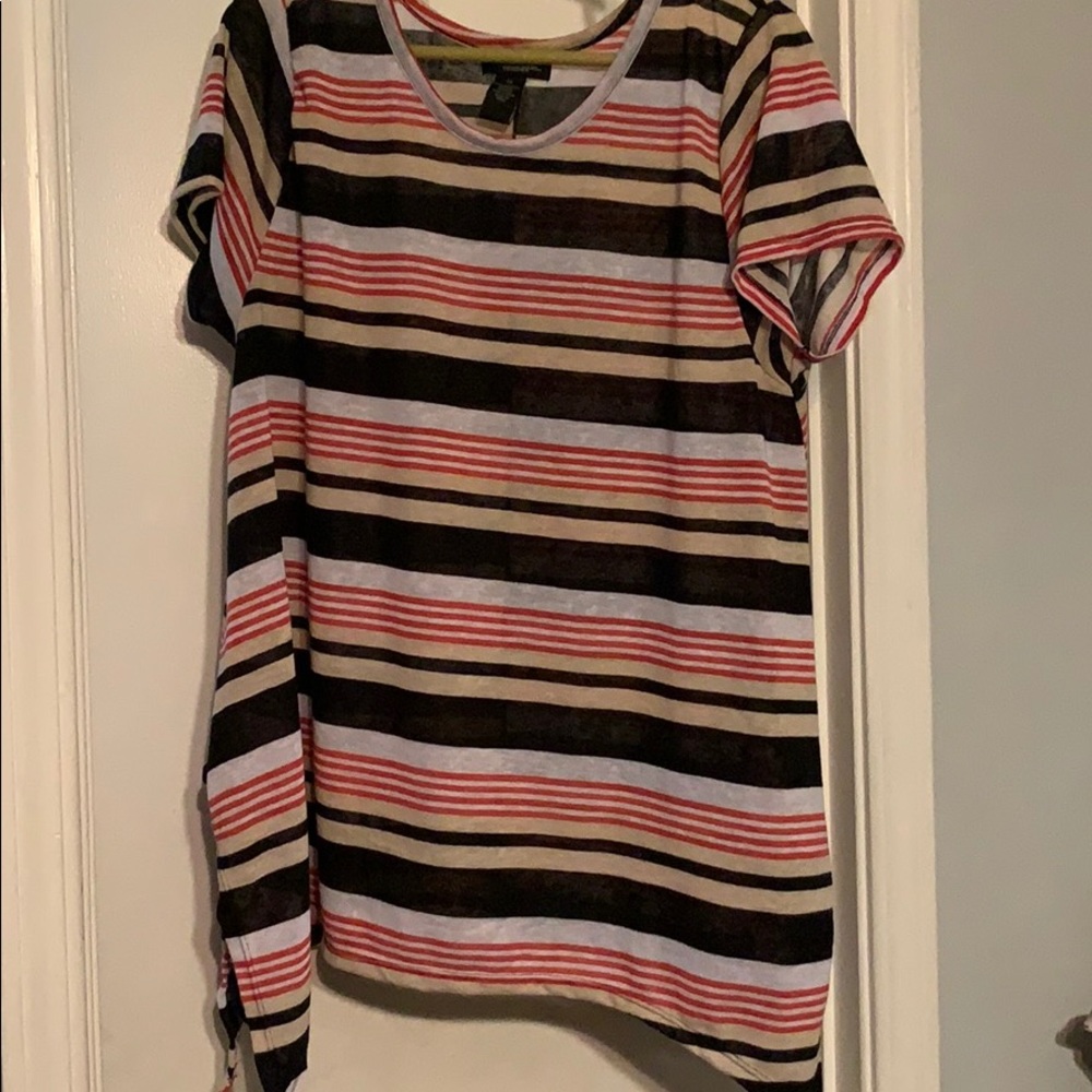 Red tan black and white striped shark bite top